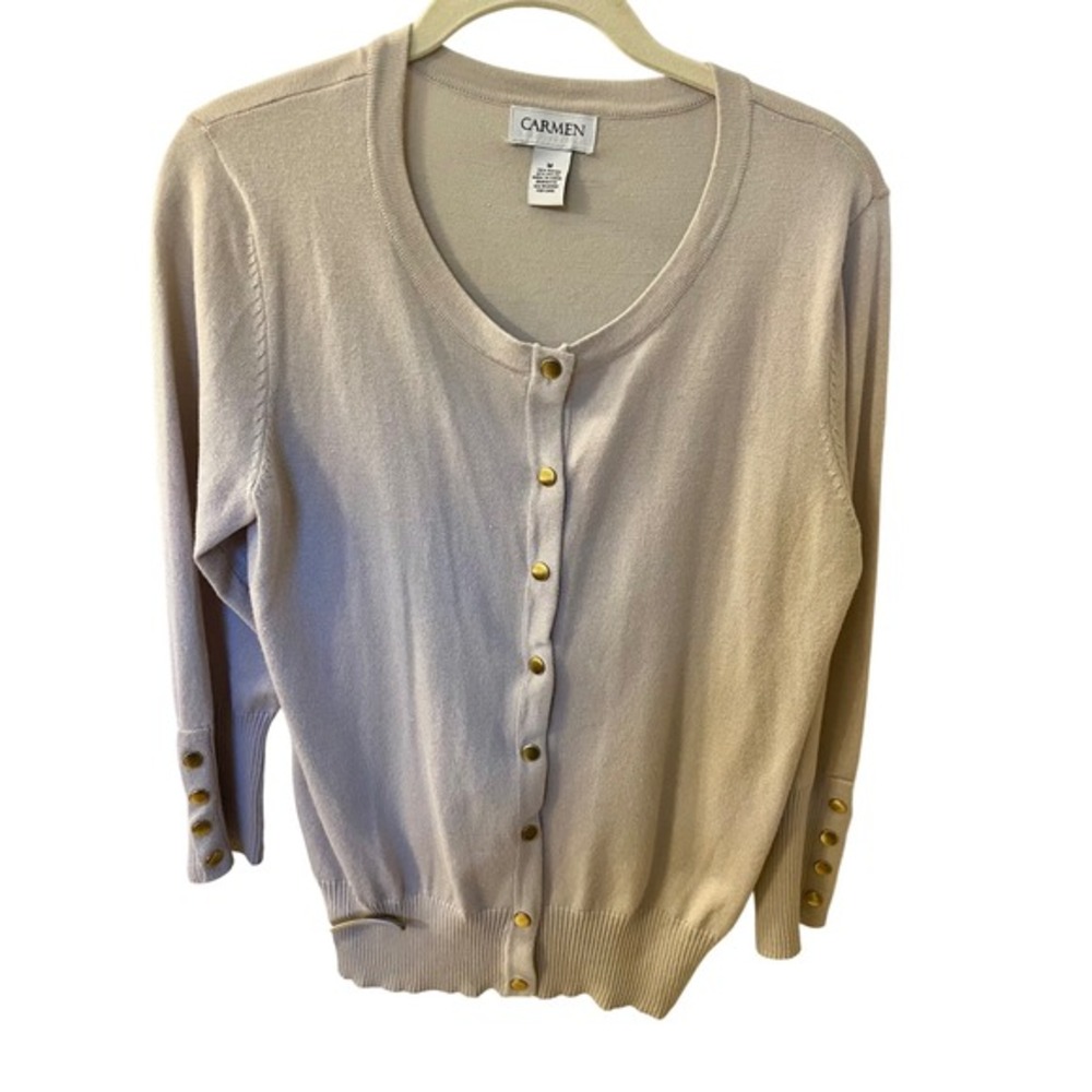 Carmen Marc Valvo Cardigan Sweater Womens M Beige Gold Button Rayon Blend Knit